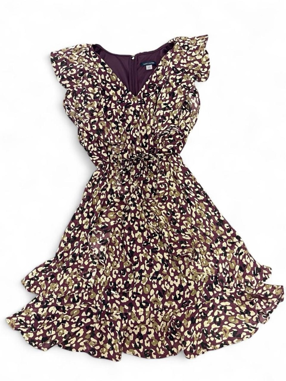 Tommy Hilfiger Burgundy Leopard-Print Ruffle Mini Dress